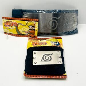 Naruto Shippuden Blue Hidden Leaf Headband & Black Wristband Metal Plate NEW